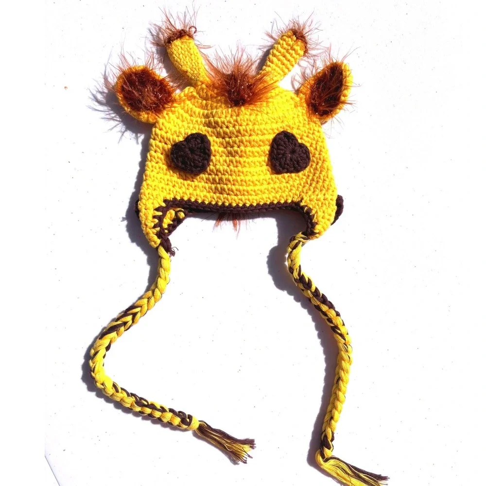 Newborn Giraffe Crochet Beanie Kids One Size Yellow Good Braided Earflap Hat
